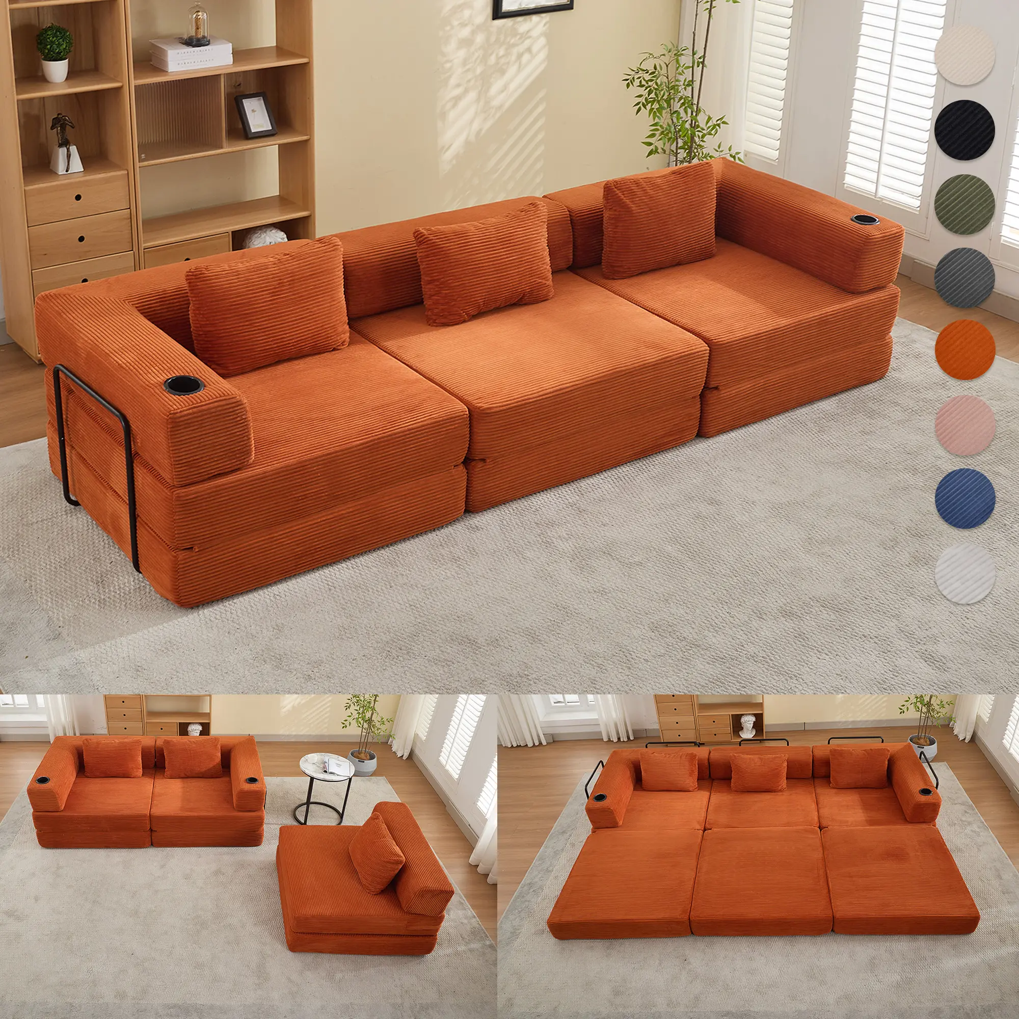 SOUTTEE 115" Modular Corduroy Floor Sofa Bed Couch - 2 Cup Holders, Premium Sponge Padding, Free Combination Design, Multifunctional Apartment Furniture for Small Spaces Living Room Couches,dorm essentials,home decor