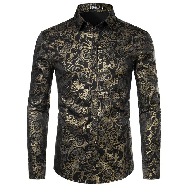 ZEROYAA Men's Luxury Gold Prom Design Slim Fit Long Sleeve Button up Party Dress Shirts