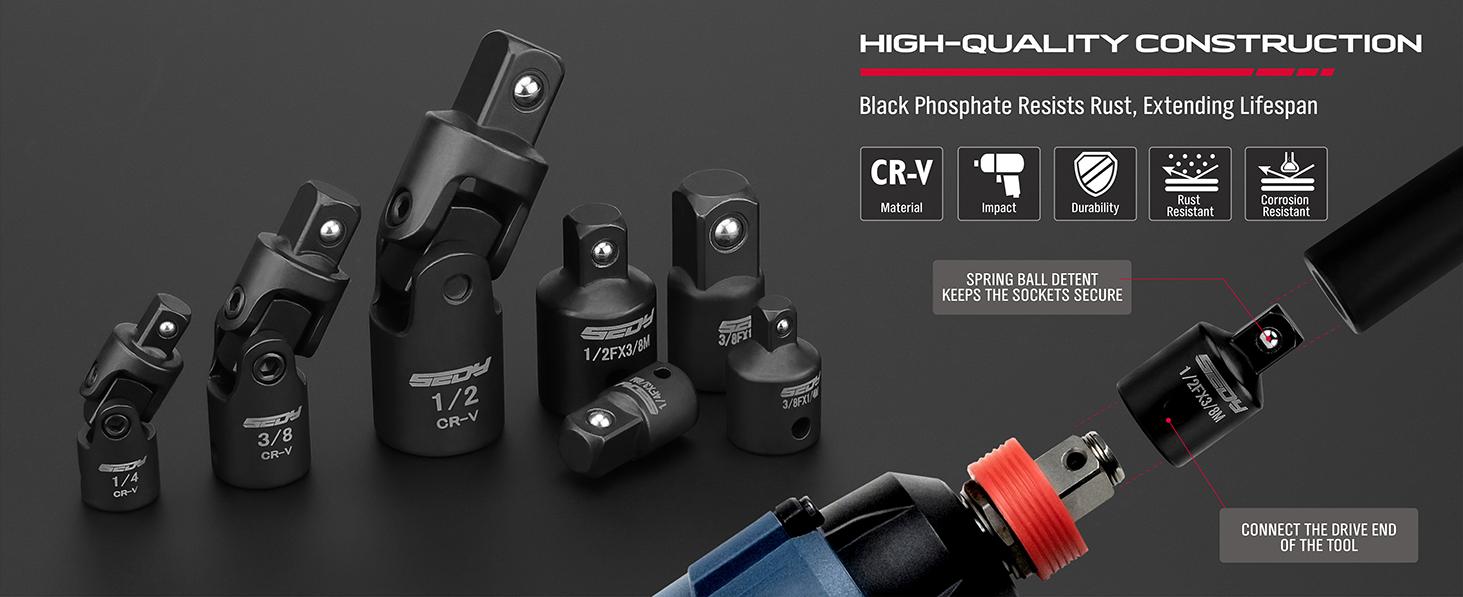 Universal Joint Socket Reducer Set: 7-Piece Impact Wobble U Joint & Adapter Set with Magnetic Aluminum Storage Rail Premium Cr-V Steel 1/4", 3/8" & 1/2" Drive U Joint and Adapter Set