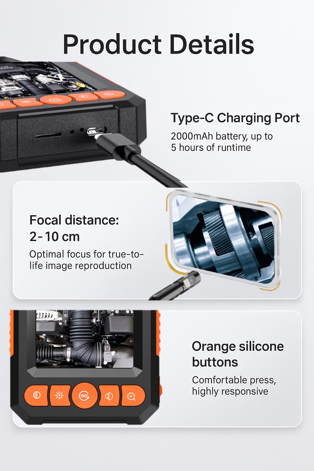 OBD Scanner with 4.3" IPS Borescope Camera IP67 Waterproof Car Pipe Engine Inspection Diagnostic 5MP Dual-Lens Endoscope 8 Adjustable LEDs Plug & Play