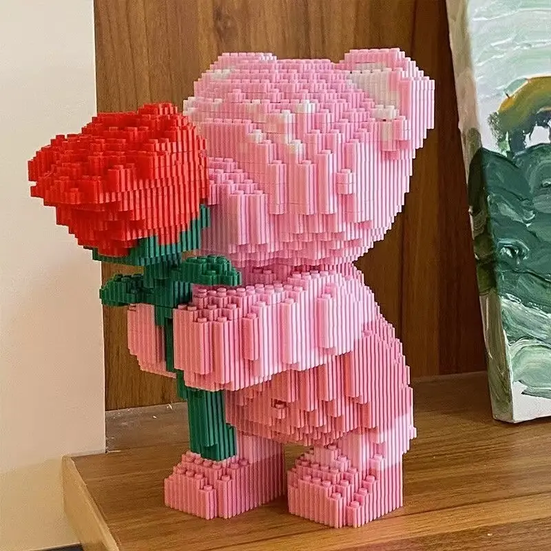 Bear with Rose Building Blocks Toy, Creative Blocks Building Toy, Romantic Bear Holding Rose, Birthday Gift for Couple and Parents