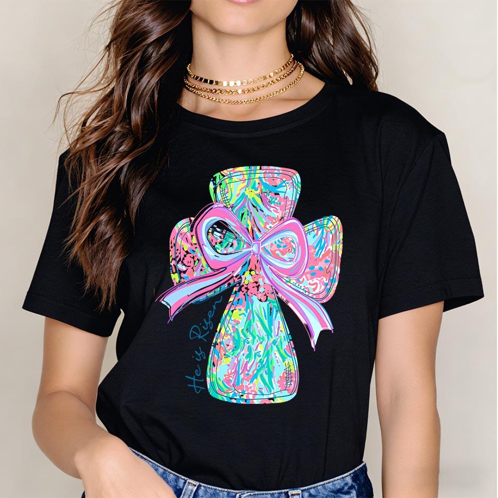 Cotton casual round-neck short-sleeve summer T-shirt with vibrant cross and bow design "He Is Risen" printed graphic tee machine washable not dry cleanable