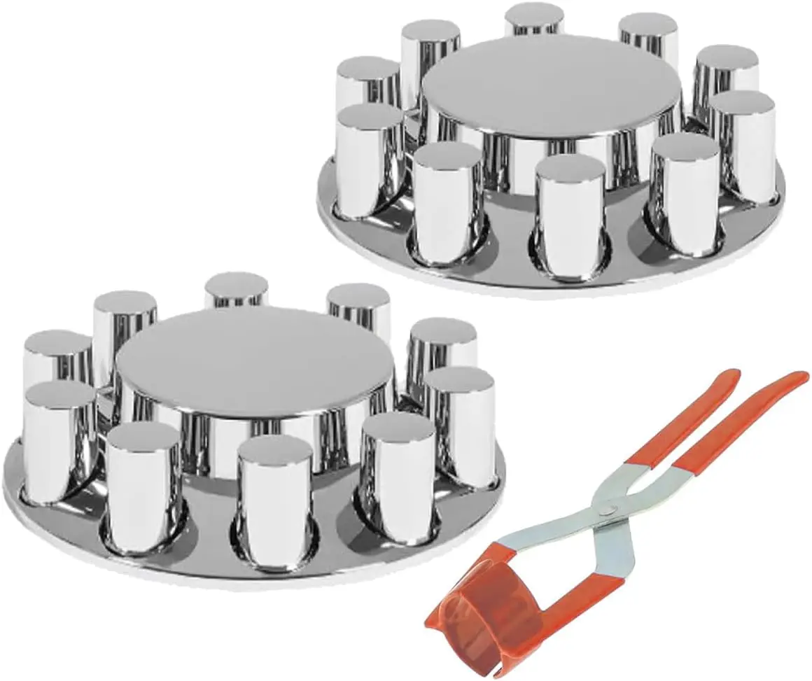 Chrome ABS Plastic Front Axle Hub Cover Kit with 33mm Thread-on Flanges, Anti-Rust Shield, Corrosion-Resistant, All-Weather Protection, Removable Cap, Mirror-Like Surface, Complete Auto Replacement Parts for Semi Trucks