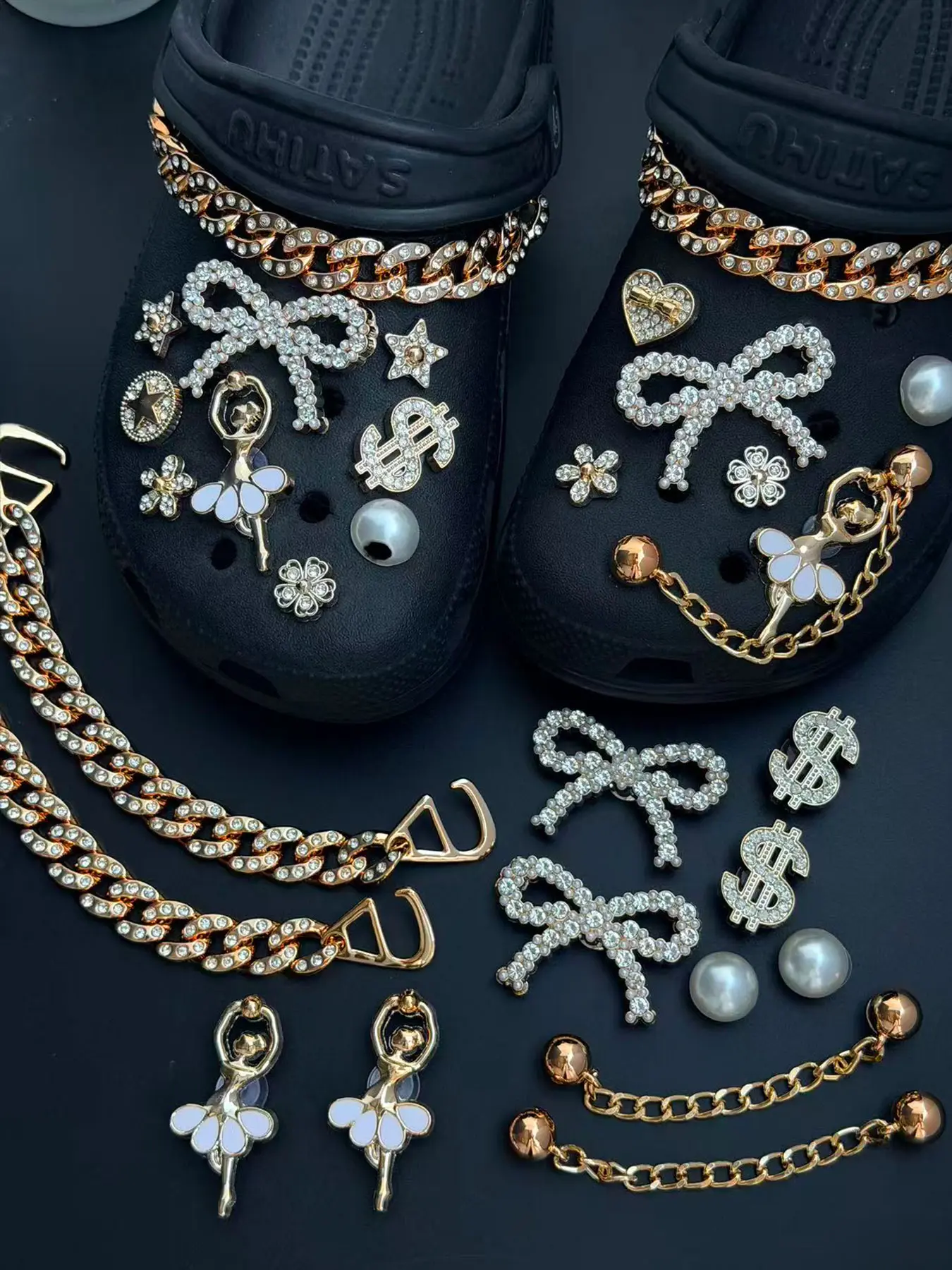 Elegant 24-Piece Stud Shoe Charm Set with Pearl Bows, Ballerina Design and Chains, Cute Decorative Accessories for Shoes, Bling Shoe Charms, Cute Shoe Decorations and Embellishment Set