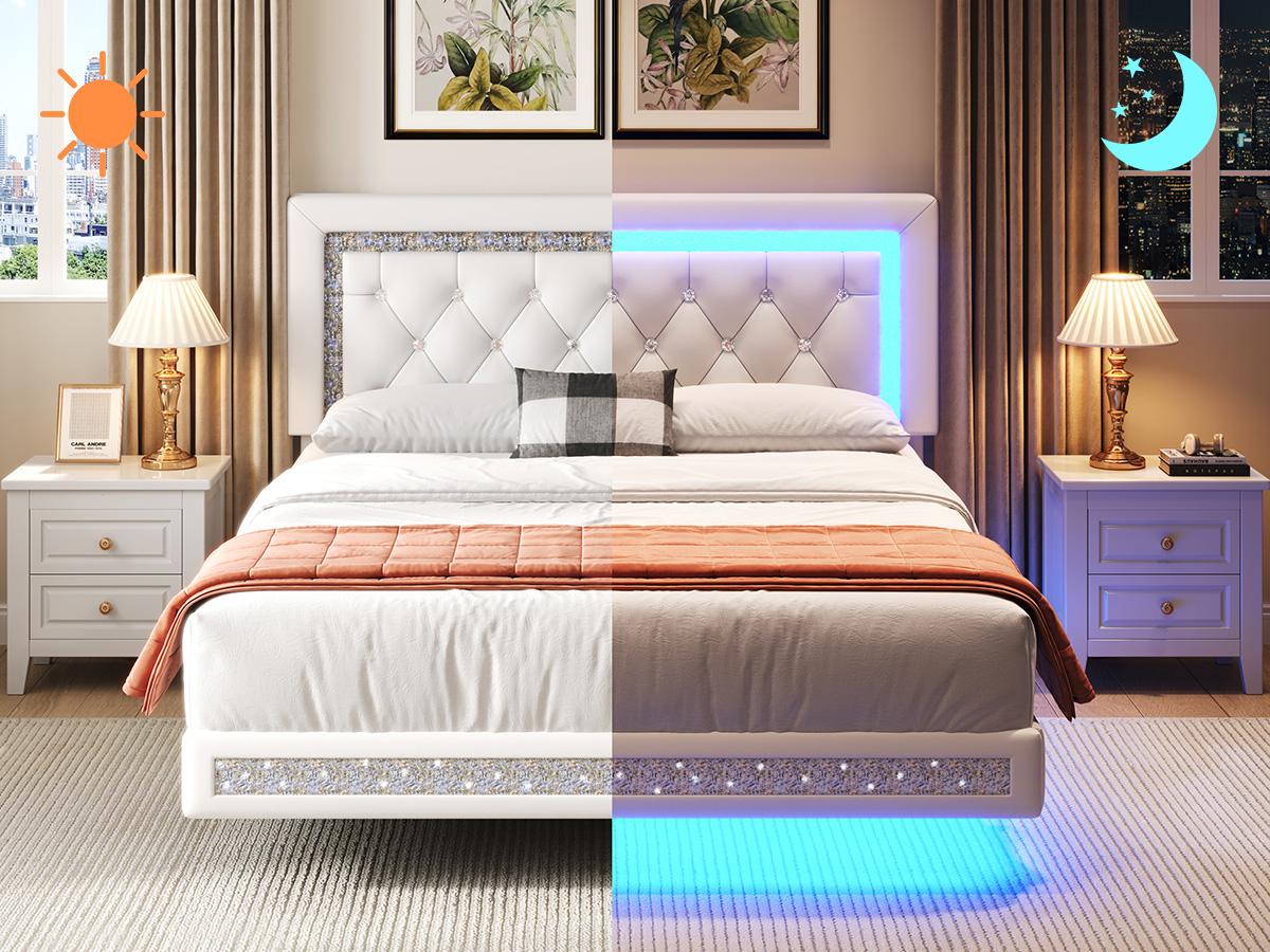 TryLazy Floating Bed Frame with LED Lights Upholstered Modern Platform Bed Diamond Tufted Headboard Noise Free Comfort