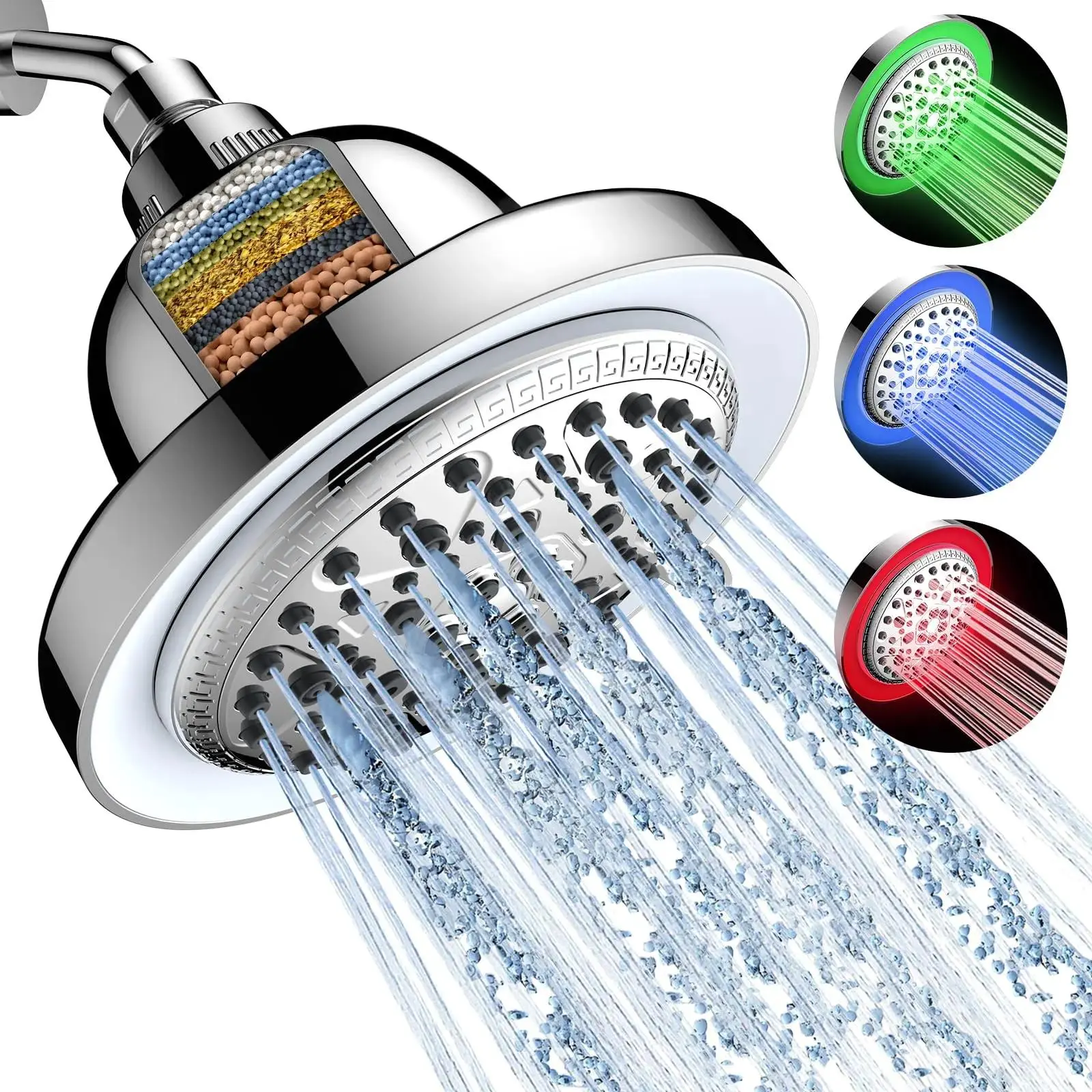 Shower Head with 3 Color LED, 7 Modes High Pressure Rain Shower Head with Filters, Temperature Control, No Battery, Water Saving, Easy Installation, Safe for Family