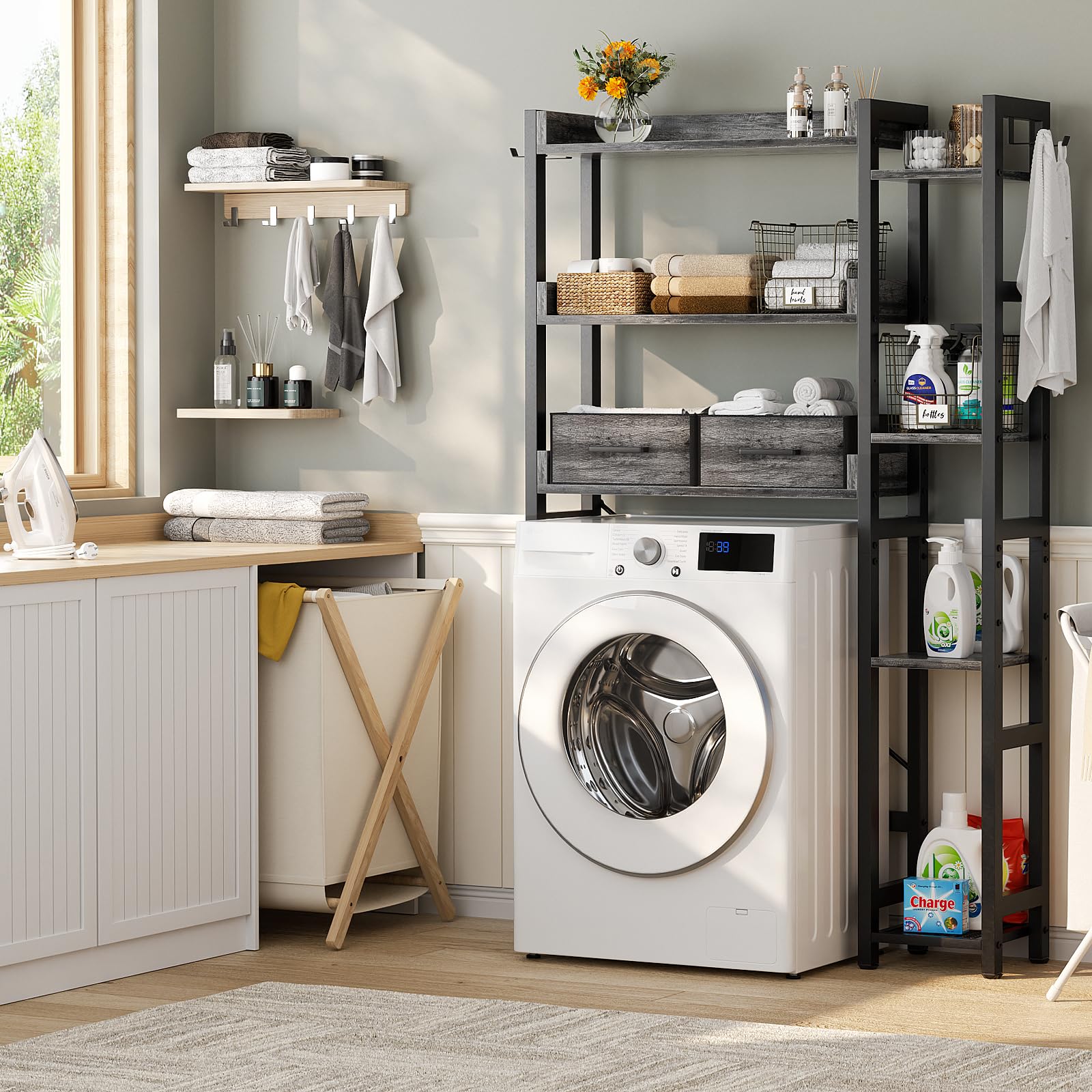 7-Tier Over The Toilet Storage Cabinet - Adjustable Shelves, Reversible Side Shelf, 2 Fabric Drawers, MDF Wood Metal Industrial Look Space Saver with Easy Setup for Small Spaces