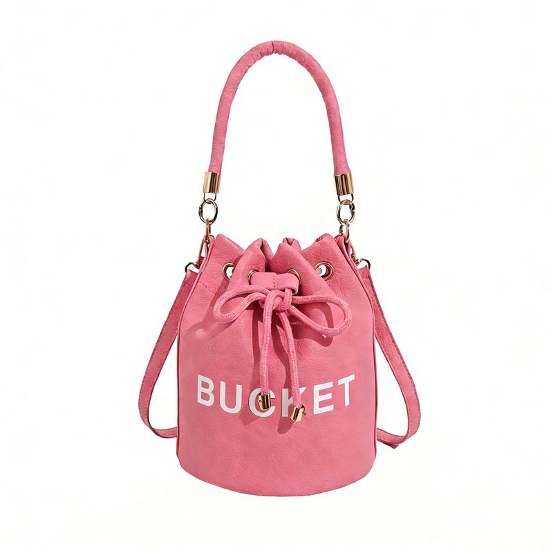 women's large-capacity handbag solid color letter printcrossbody bag drawstring pleated bucket bag