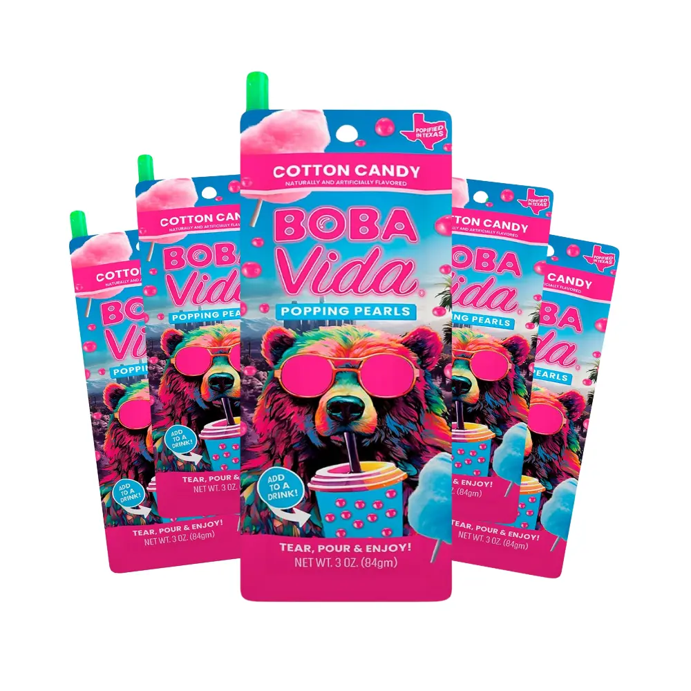BobaVida Cotton Candy Boba Pearls - Popping boba for Drinks, Desserts & Food Toppings - Non-GMO boba balls - 3oz Each, 5 Boba Packets with Straws