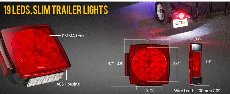 Partsam Pair Slim Square LED Trailer Lights 15 Red 4 White LEDs 5050 SMD 12V IP67 Stop Turn with Side Clearance for Under 80" Boat Trailers