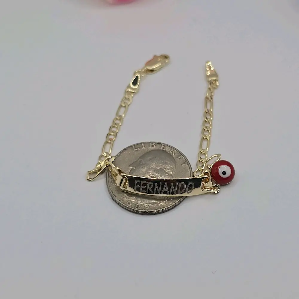 ID BRACELET with red eye ENGRAVING AVAILABLE figaro style 6"inches leave a note with your name