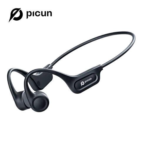 Picun T1 Bone Conduction Bluetooth 5.3 Headset - Black Plastic Fitness Earbuds, IPX7 Waterproof, 3D Audio, Electronic Noise Cancelling, Lightweight Comfortable, Running Fit, USB Charging, Batteries Included, Box Packaged for Running, Fitness