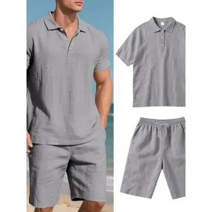 Men's solid color short sleeved lapel shirt drawstring waist cinching shorts set, summer loose casual fashionable comfortable breathable two-piece set, beach vacation men's clothing set