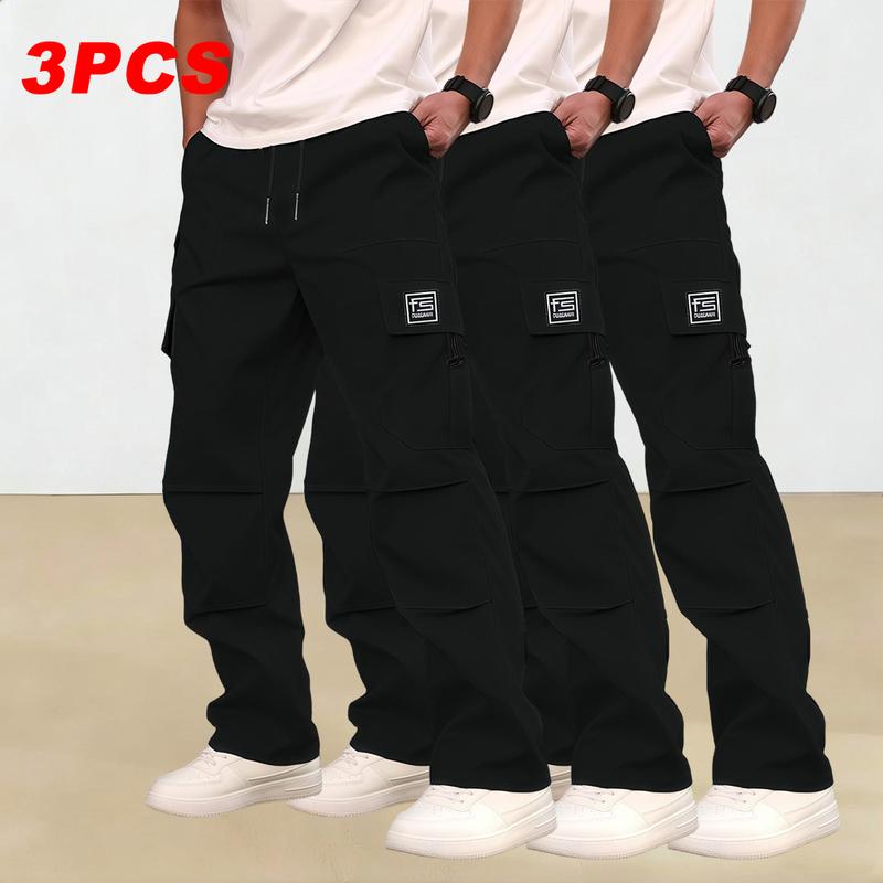 Men's multi-pocket work pants, 3-pack, suitable for all seasons and machine washable; mid-rise with drawstring closure; non-stretch polyester fabric; casual wear with pockets; versatile cargo pants