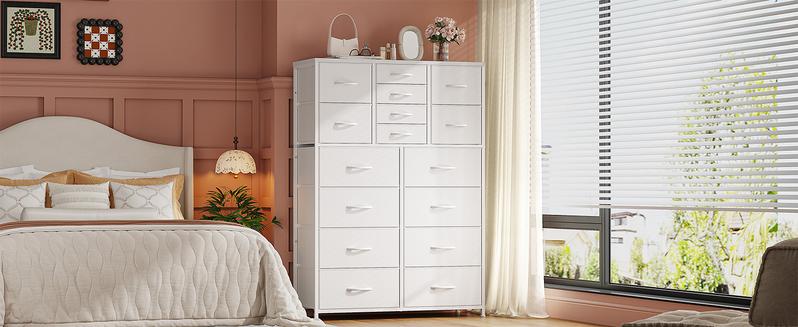 Raybee Furniture 57"H 16 Drawer White Dresser with Wooden Top, Modern Tall Dresser for Bedroom & Chests of Drawers, Large Capacity Storage Cabinets for Bedrooms, Living Room, Entryways