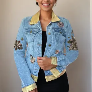 Gold Trim & Embellished Floral Appliqué Hand embellished Luxe Denim Jacket Embroidery  Sequins Statement