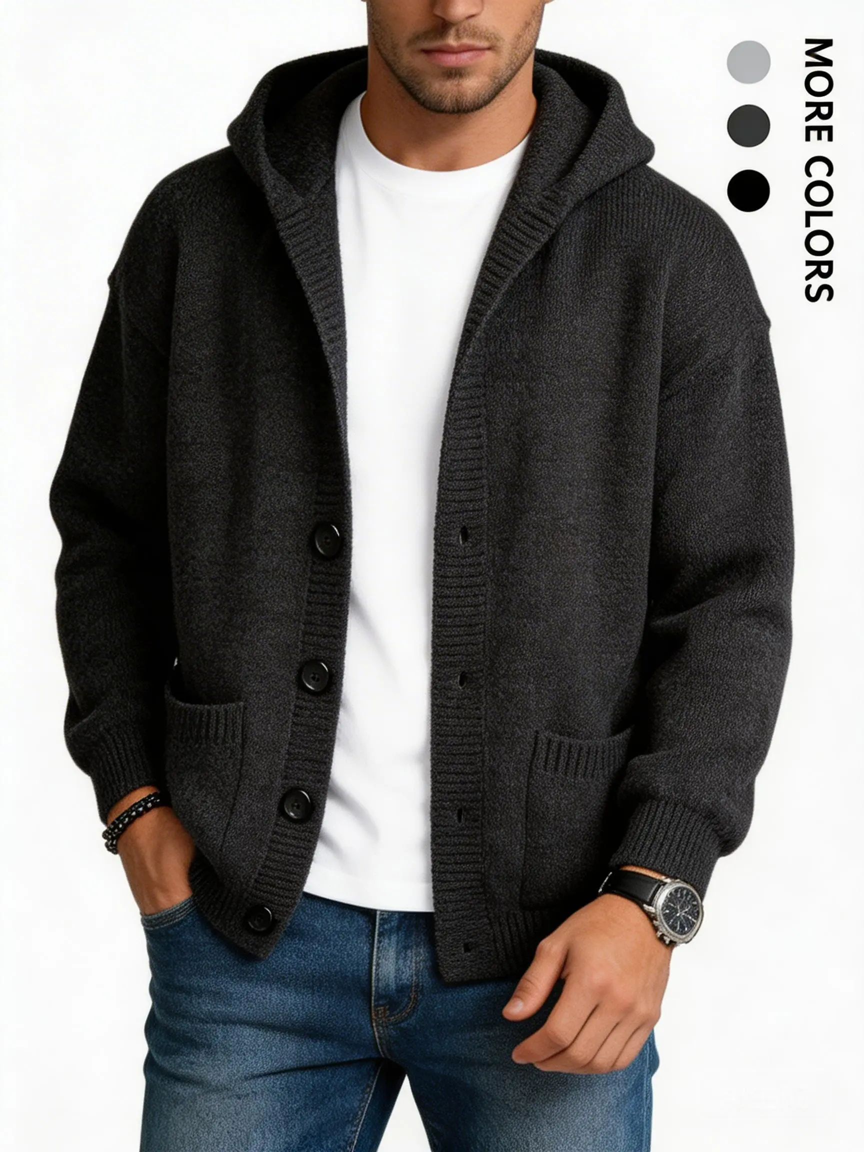 Men's Solid Heavyweight Long Sleeve Hooded Sweater, Casual Button-Up Polyester Pullover, Soft and Skin-Friendly for Street Wear, Male Clothing, Everyday Tops