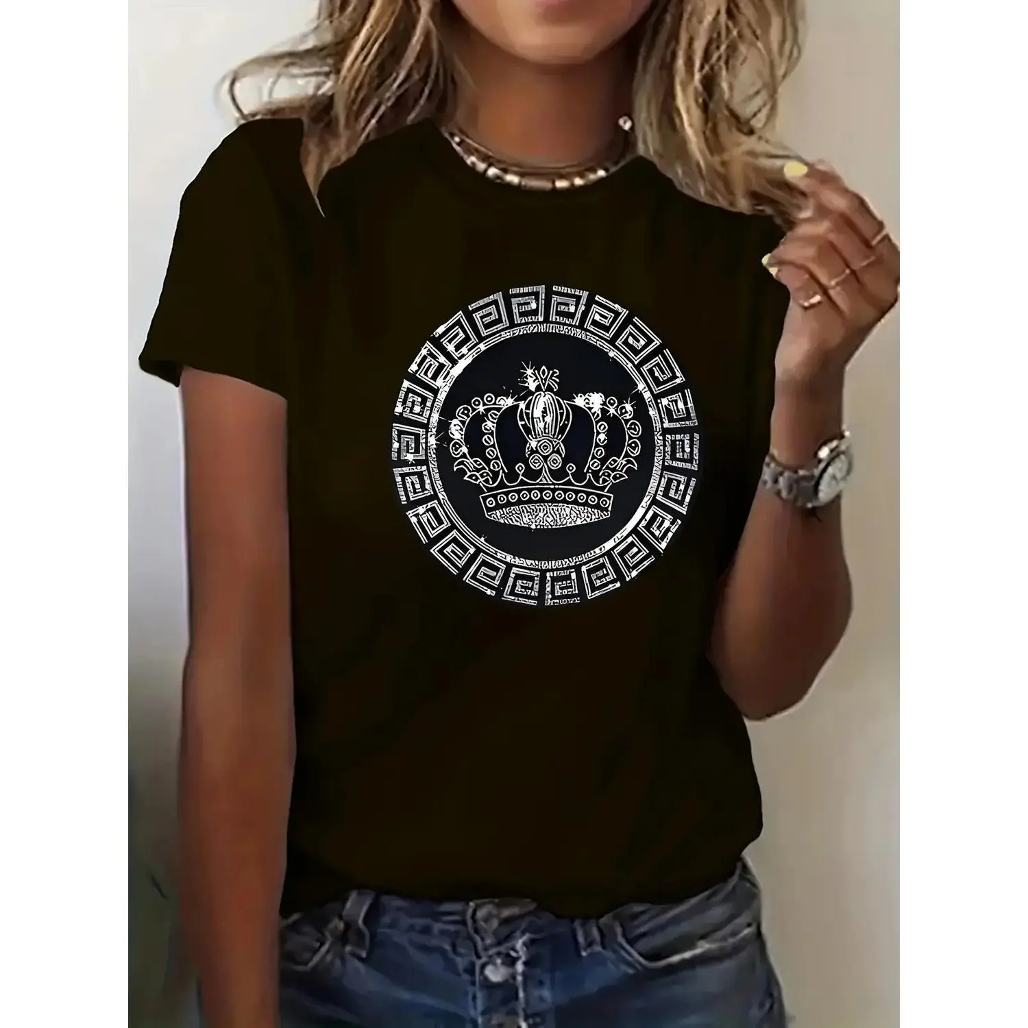 Men's Casual Short-Sleeve Lightweight Loose-Fitting T-Shirt - Stylish Crown Print, Rhinestones Details, Summer Essential Top