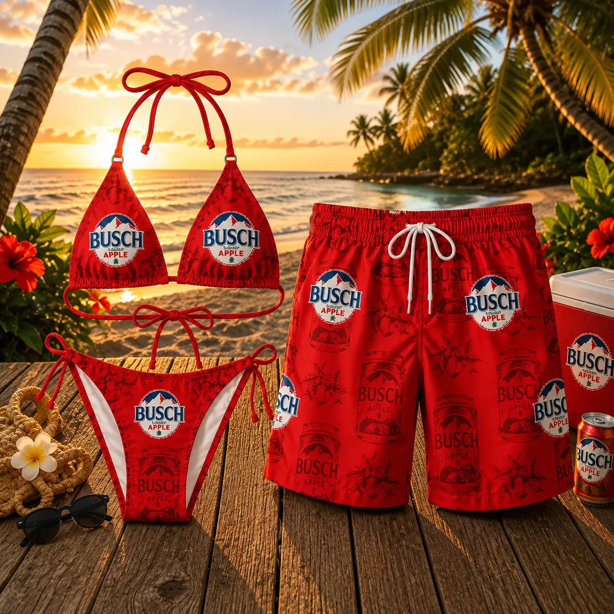 Red Tropical Print Matching Swimwear Set, Women’s Tie Side Triangle Bikini with Men’s Beach Shorts, Summer Couple Vacation Outfit, Beach Party Apparel, Resort Wear for Poolside Days, Island Trips and Holiday Adventures