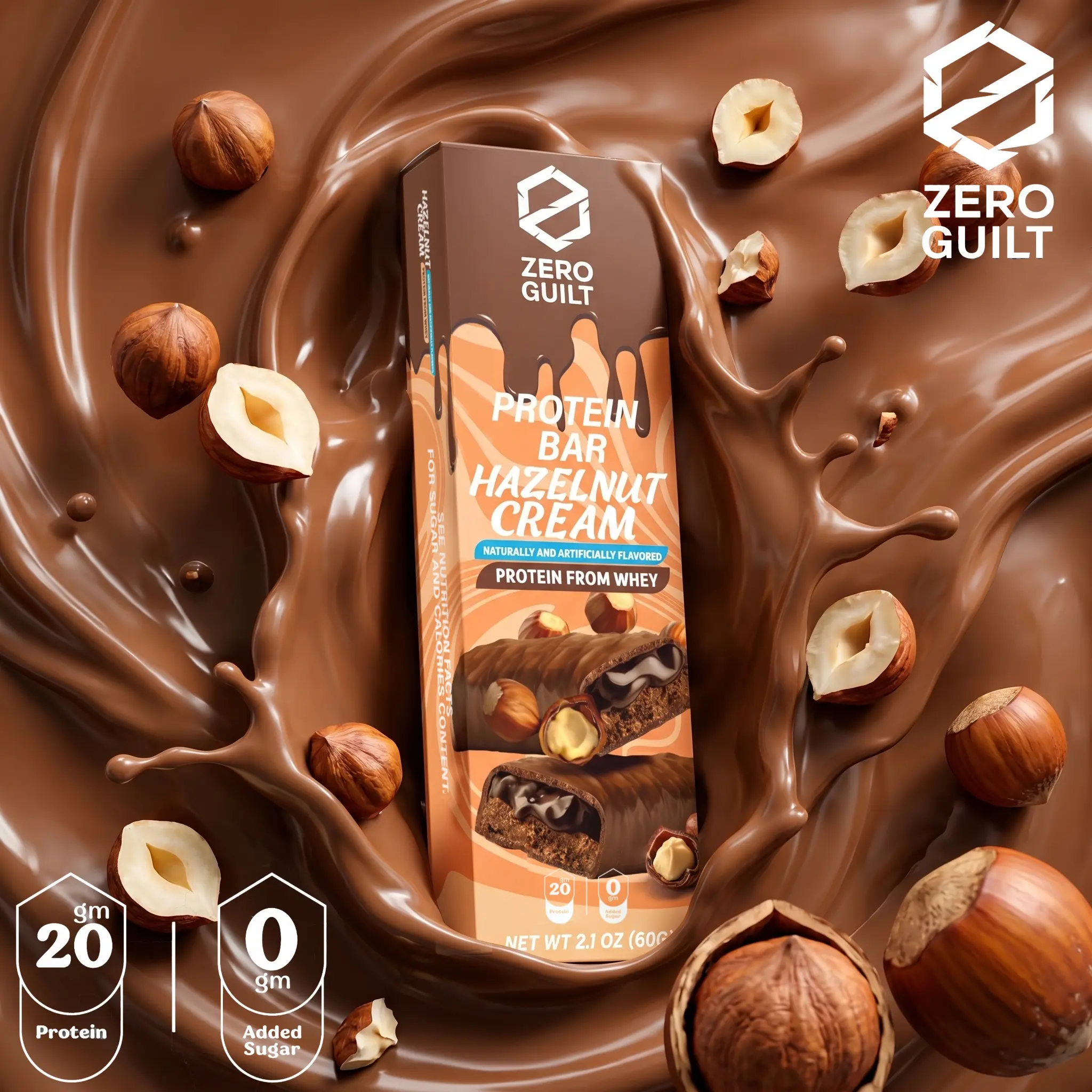 ZERO GUILT Hazelnut Cream 20G Protein Bar, ZERO Added Sugar, 60g Net Weight - 12 Pack, Snacks, Ready To Eat Snacks