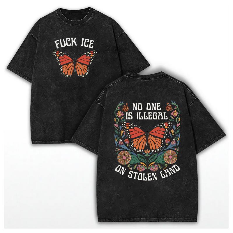 100% Cotton Washed Fuck ICE Tee, No One Is Illegal On Stolen Land, Retro Anti Maga Pro Immigration Tee, Social Justice Human Rights Activist Gift