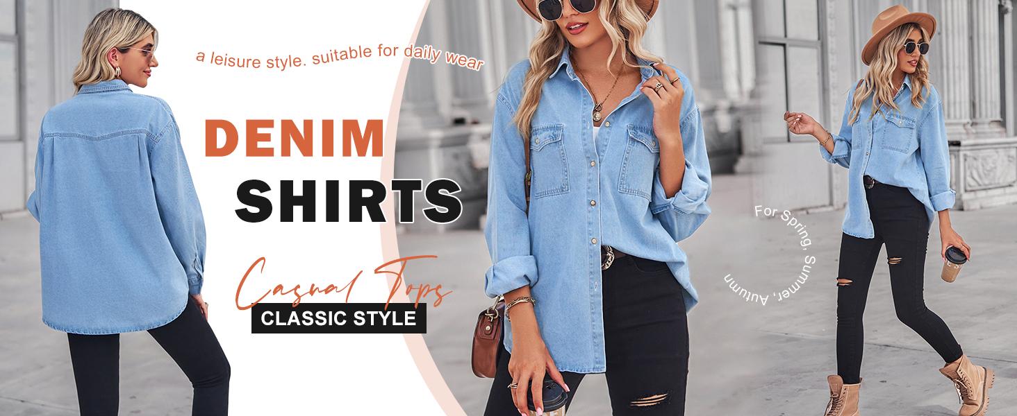 Ebossy Women's Spring Long Sleeve Denim Jean Shirts Button Down Shirt Business Casual Tops Blue Womenswear Ebossy Women's Spring Long Sleeve Denim Jean Shirts Button Down Shirt Business Casual Tops Blue Womenswear