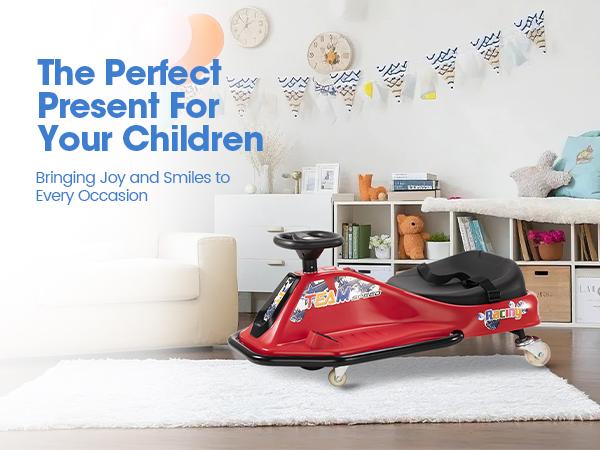 PHI VILLA Kids Electric Drift Car, 2 Speed Wiggle Go Kart for Boys & Girls Ages 3+, 24V Crazy Cart, Front Lights, Bluetooth Music & Safety Harness