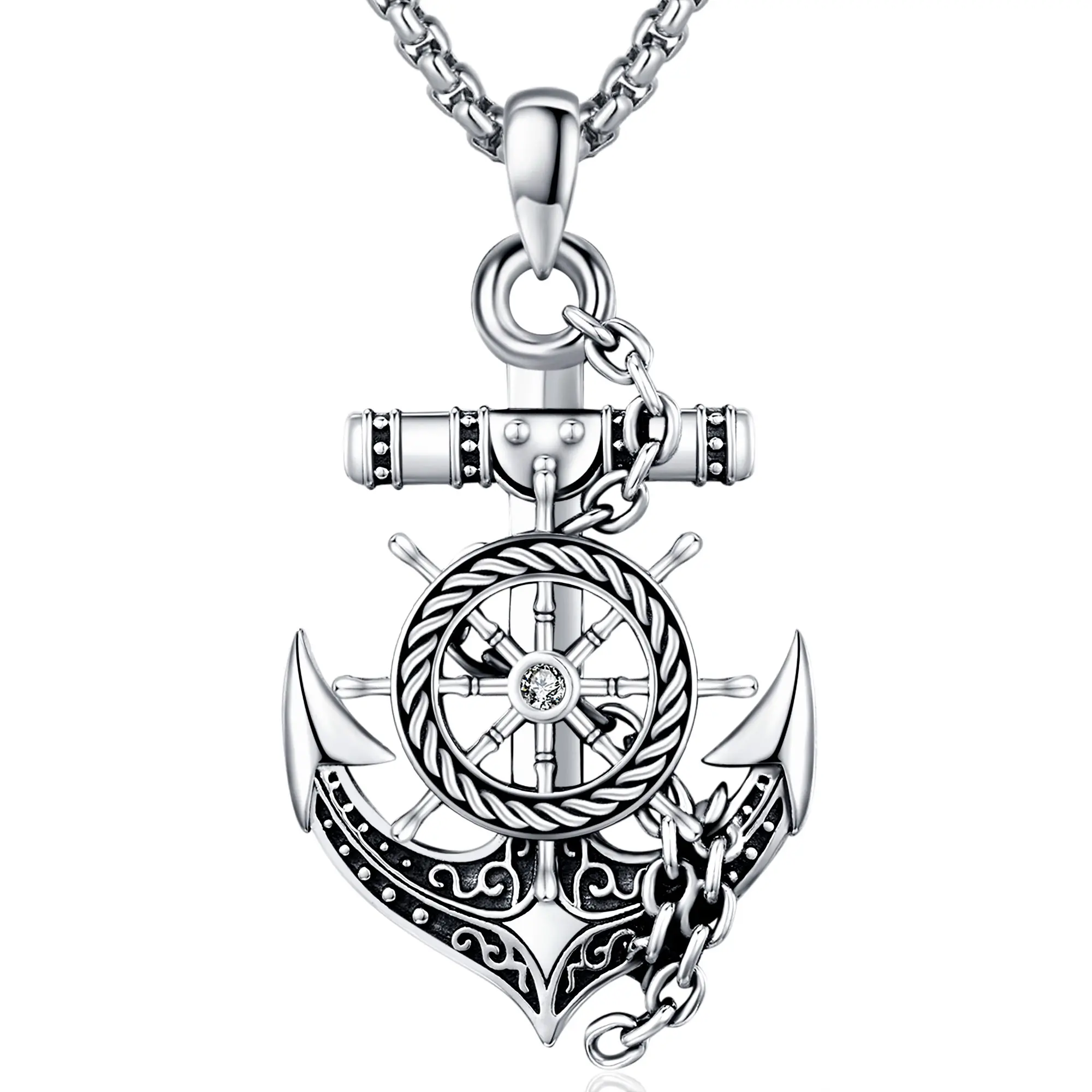DRINSPER 925 Sterling Silver Anchor Detail Jewellery Pendant Necklace - 0.86" Width, Unisex Daily Wear Accessory, Compass Symbolizes Independence, Gift for Friends, Necklaces, Casual, Silver Necklaces & Pendants