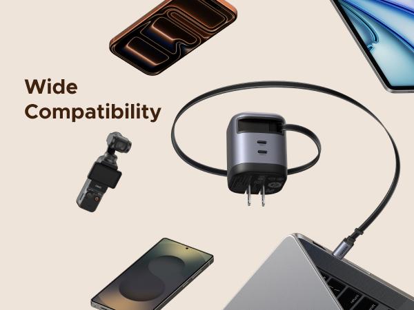 UGREEN Nexode Retractable 45W GaN Charger for iPhone 17, 3-Port USB C Fast Charger with 2.26ft Cable for iPhone 17/16/15/14/13 Series, Samsung Galaxy S25/24 Ultra, Pixel, iPad, Space Grey