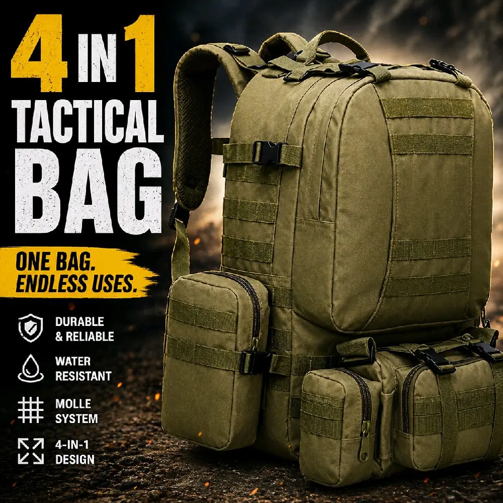 4-in-1 Backpack (55L) – Detachable Pouches, Waterproof, Heavy Duty Bug Out / Camping Pack