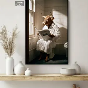 2D Flat 1pc 2D Flat Wooden Frame |   Photograph of an Anthropomorphic Bull in a White Bathrobe, Durable, Suitable for Home, Bathroom, Kitchen, Living Room, Ideal Gift	