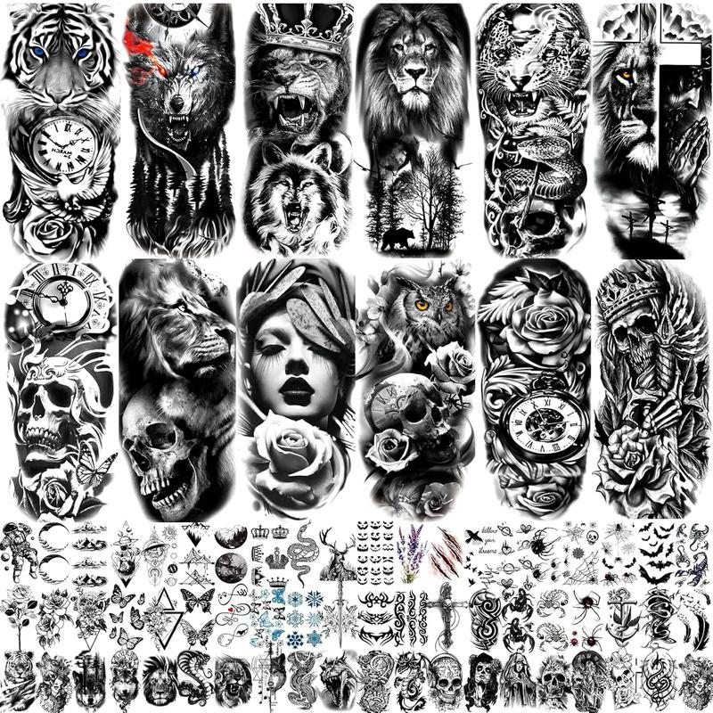 72 Sheets Temporary Tattoo for Men Women Adults, Include 12 Sheets Black 3D Half Sleeve Temporary Tattoos, Halloween Tattoos Scary Lion Wolf Tiger Skull Skeleton Tattoos Stickers