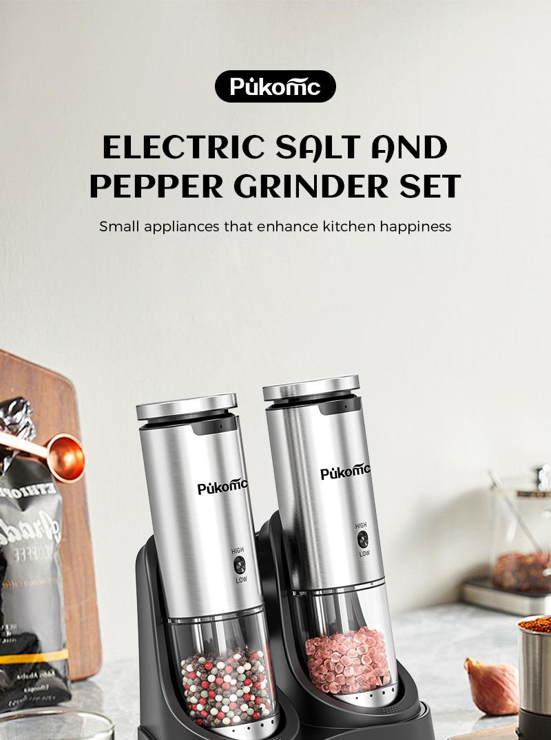 Pukomc Electric Salt & Pepper Grinder Set - 6 Adjustable Coarseness, Rechargeable Base, LED Light, One-Hand Operation, Detachable for Easy Cleaning, Includes 12 Grinders & Accessories Reusable Cooking Kitchen Seasoning Utensils