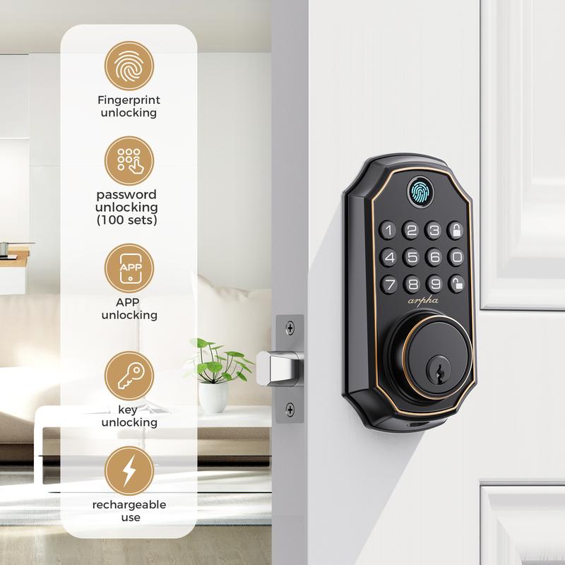 Arpha D180 Keyless Entry Door Lock with Keypad Smart Deadbolt Lock for Front Door 2 Keys Auto Lock Easy Installation Suitable for Various Scenarios Multiple Styles to Choose From with or without APP;Version with and without fingerprint