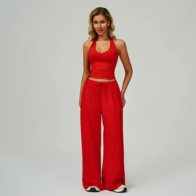 Women's Summervibes Casual V-neck Top and Wide-leg Pants Set, Women's Vacation and Travel Outfit, Comfortable Sporty Casual Wear, Yoga Set, Casual Loose Pants, Basic Set, long pant suit Vneck Minimalist Outdoor Fun