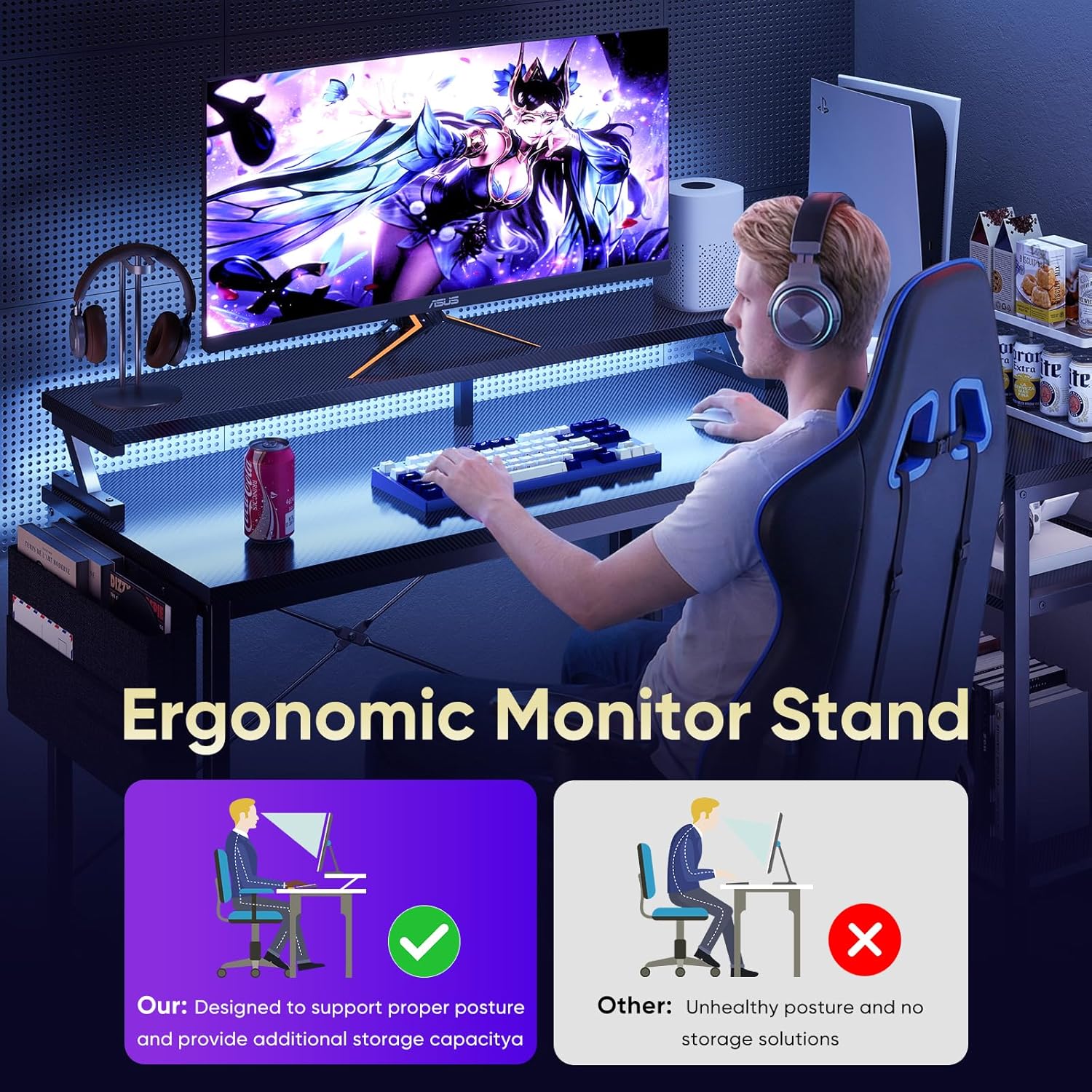 48" Reversible L-Shaped Gaming Desk with LED Lights, USB/Type-C Charging & Power Outlets, Computer Corner Desk with Storage Shelves & Monitor Stand for Gaming Room & Home Office 48" Reversible L-Shaped Gaming Desk with LED Lights, USB/Type-C Charging & Power Outlets, Computer Corner Desk with Storage Shelves & Monitor Stand for Gaming Room & Home Office