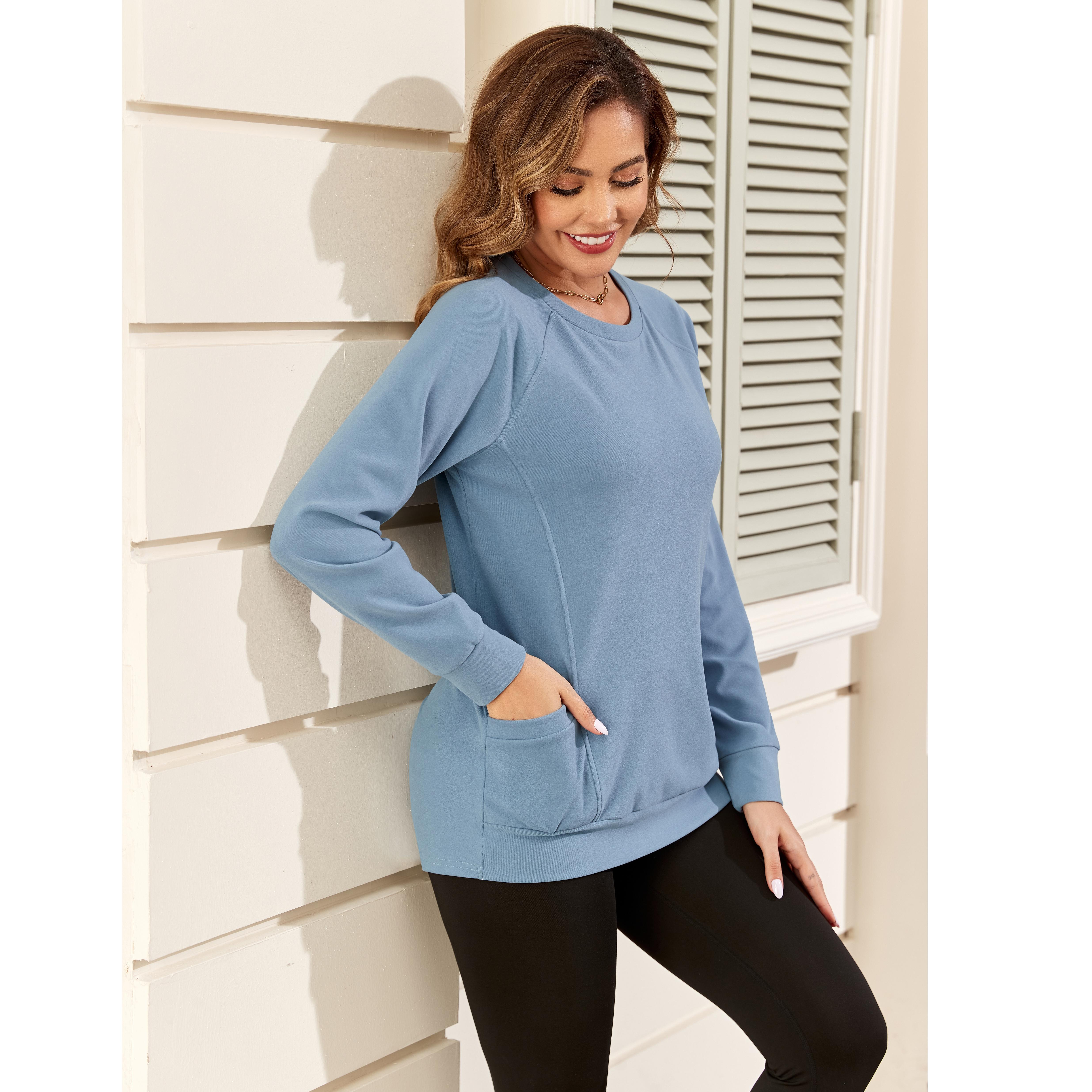 AUSELILY Women's Long-Sleeve Lightweight Sweatshirt with Side Pockets Womenswear Tops Extra Length Pullover