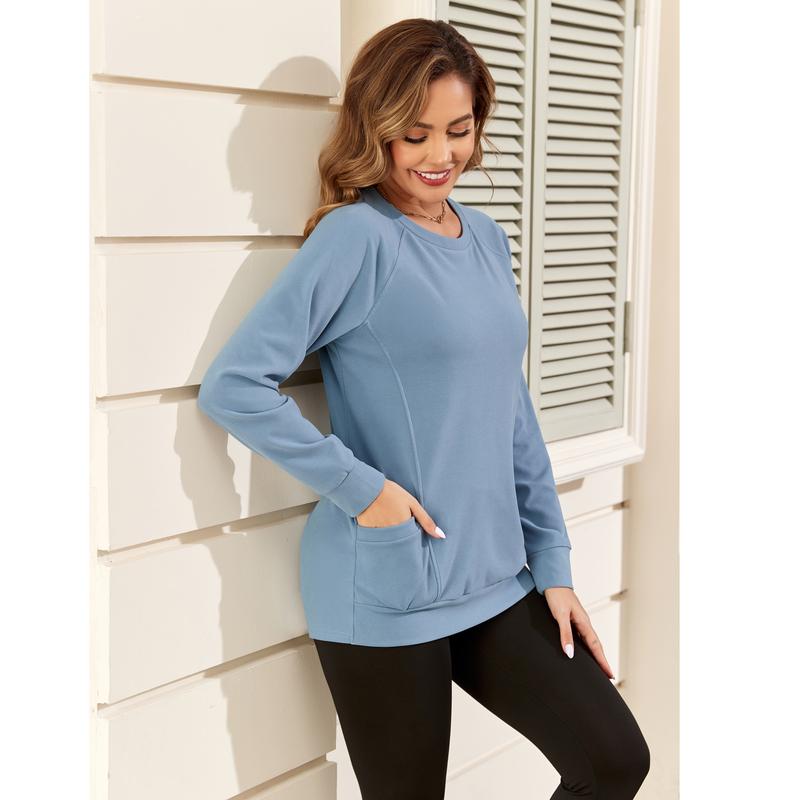 AUSELILY Women's Long-Sleeve Lightweight Sweatshirt with Side Pockets Womenswear Tops Extra Length Pullover