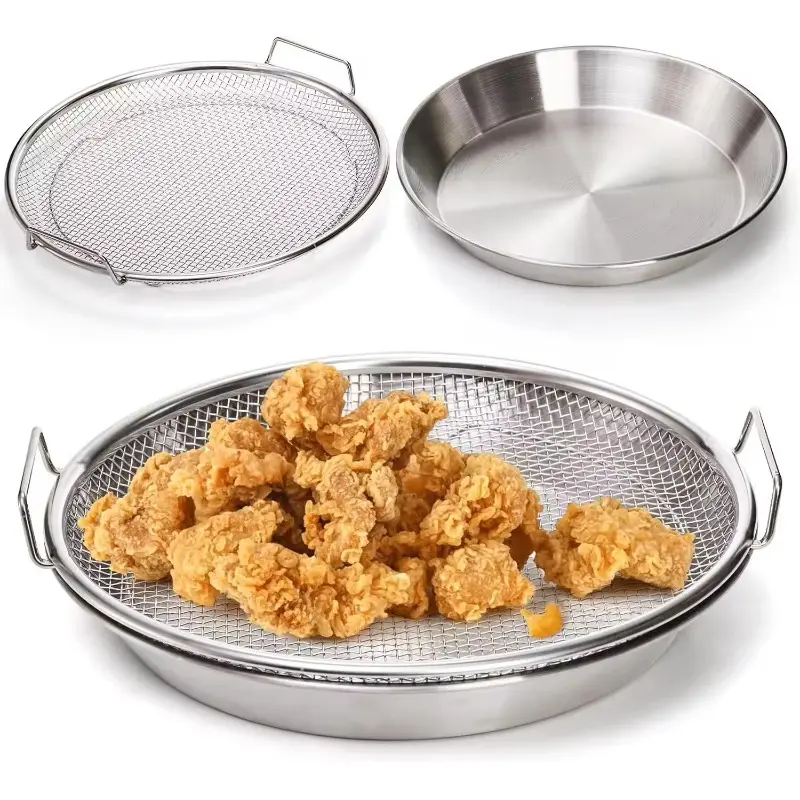 Heavy-Duty Stainless Steel Deep Fryer Rack and Tray Set - Collapsible Round Shape Metal Mesh Basket with Draining Tray, Deep Fry Resistant, Dishwasher Compatible (Multiple Models Supported)