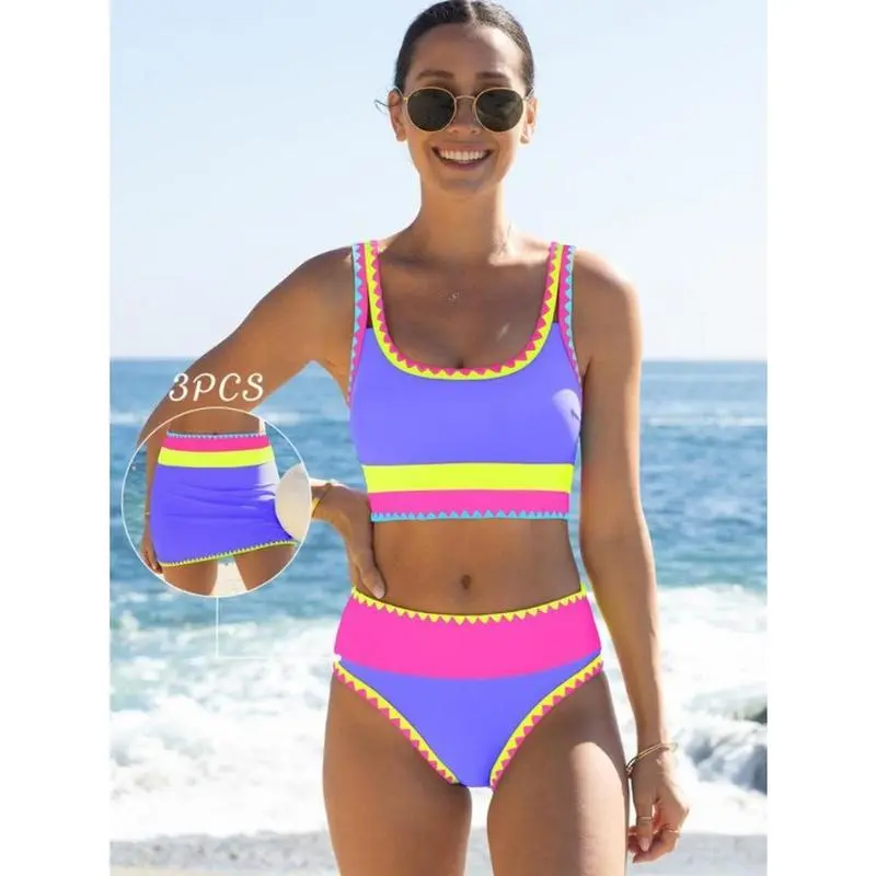 Women’s 3-Piece Color Block Tankini Swimsuit, sporty U-neck crop top bikini set with cover-up skirt, neon crochet trim swimsuit for beach swimming