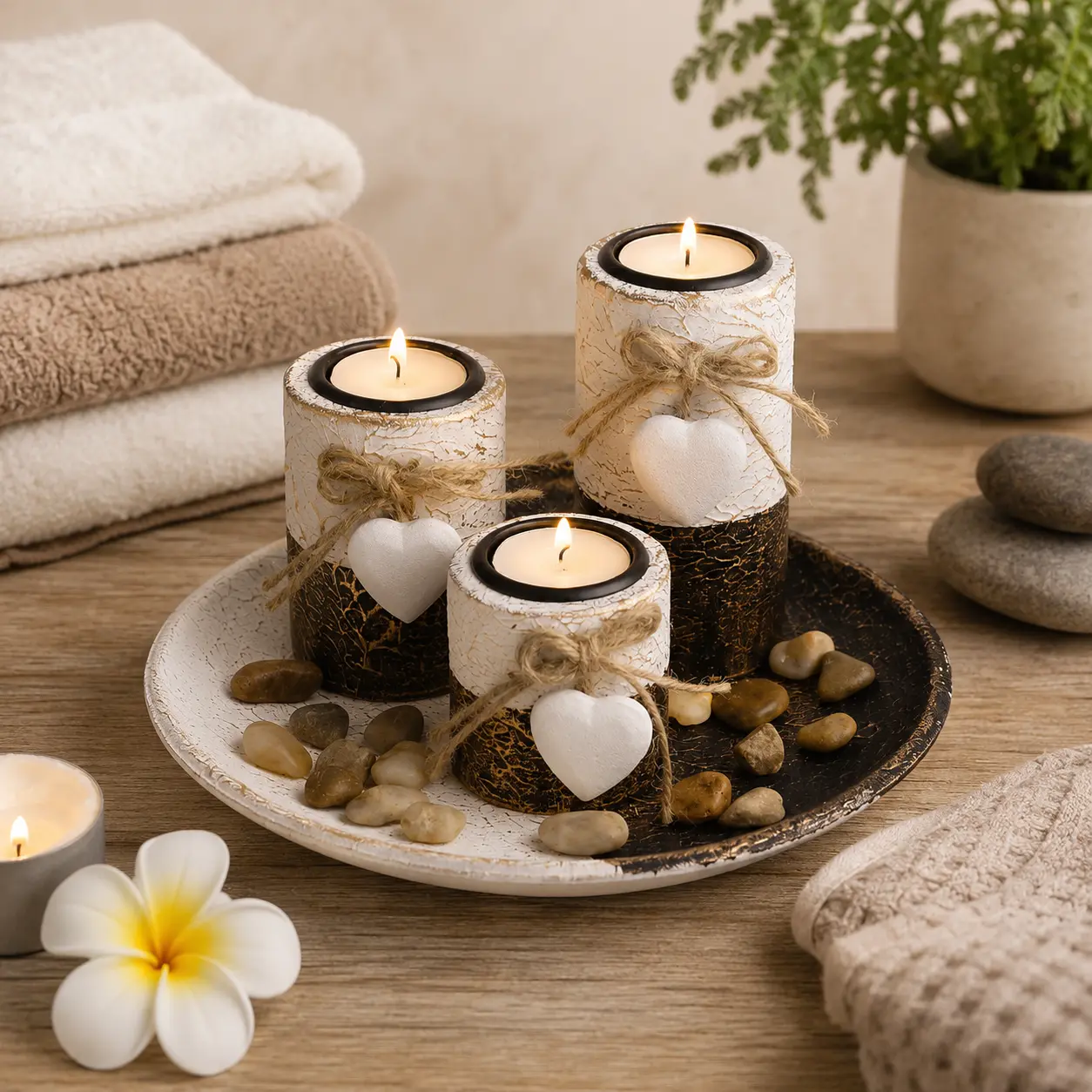 4pcs/set Wooden Candlestick Set, Tea Lamp Candlestick Set, Jute Rope Bow Decoration and Decorative Stones, Round Tray Decorative Bowl, Perfect Home Decoration, Christmas Gift, Valentine's Day Gift