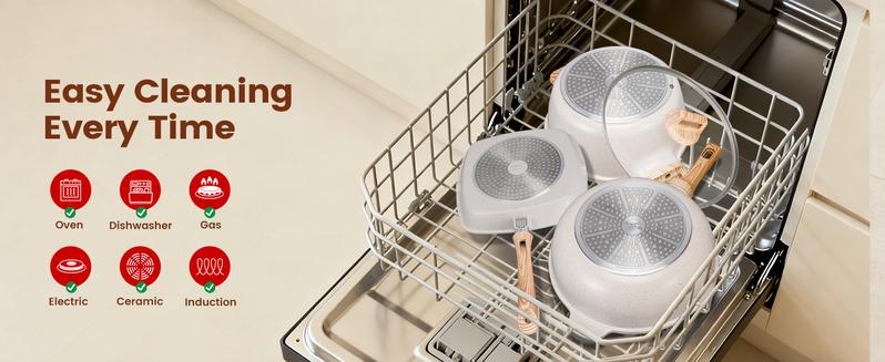 27PCS Pots and Pans Set, Nonstick Ceramic Cookware Set, Healthy Kitchen Cooking Set with Gloves, Apron, Silicone Tools & Pot Protectors, Oven & Dishwasher Safe, PFOA/PFOS Free，Ivory