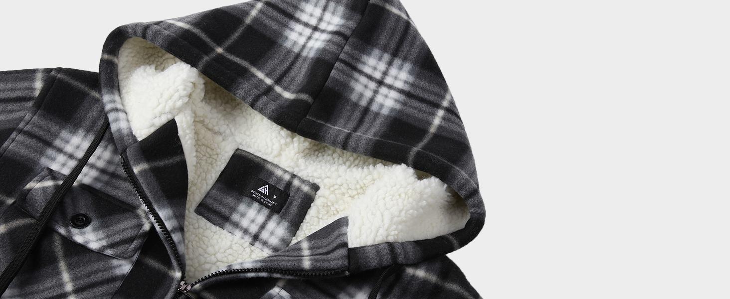 ZITY Mens Navy Blue Plaid Fleece Lined Sherpa Hooded Zip Up Sweatshirt Warm Winter Coat for Chilly Days Casual Long Sleeve Flannel Jacket