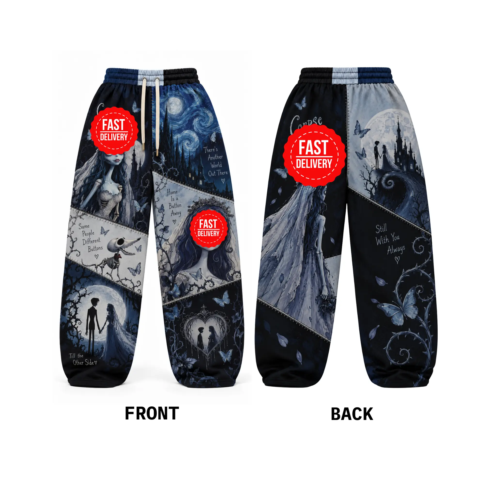 Corpse Bride Loose Sweatpants, Gothic Blue Skeleton Couple Wide Leg Pants, Spooky Graphic Casual Streetwear