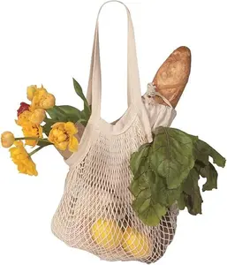 Reusable Mesh Grocery Bag Washable Cotton Shopping Bag Portable Net Storage Bag for Vegetables Fruit Farmers Shopping Picnics(White)
