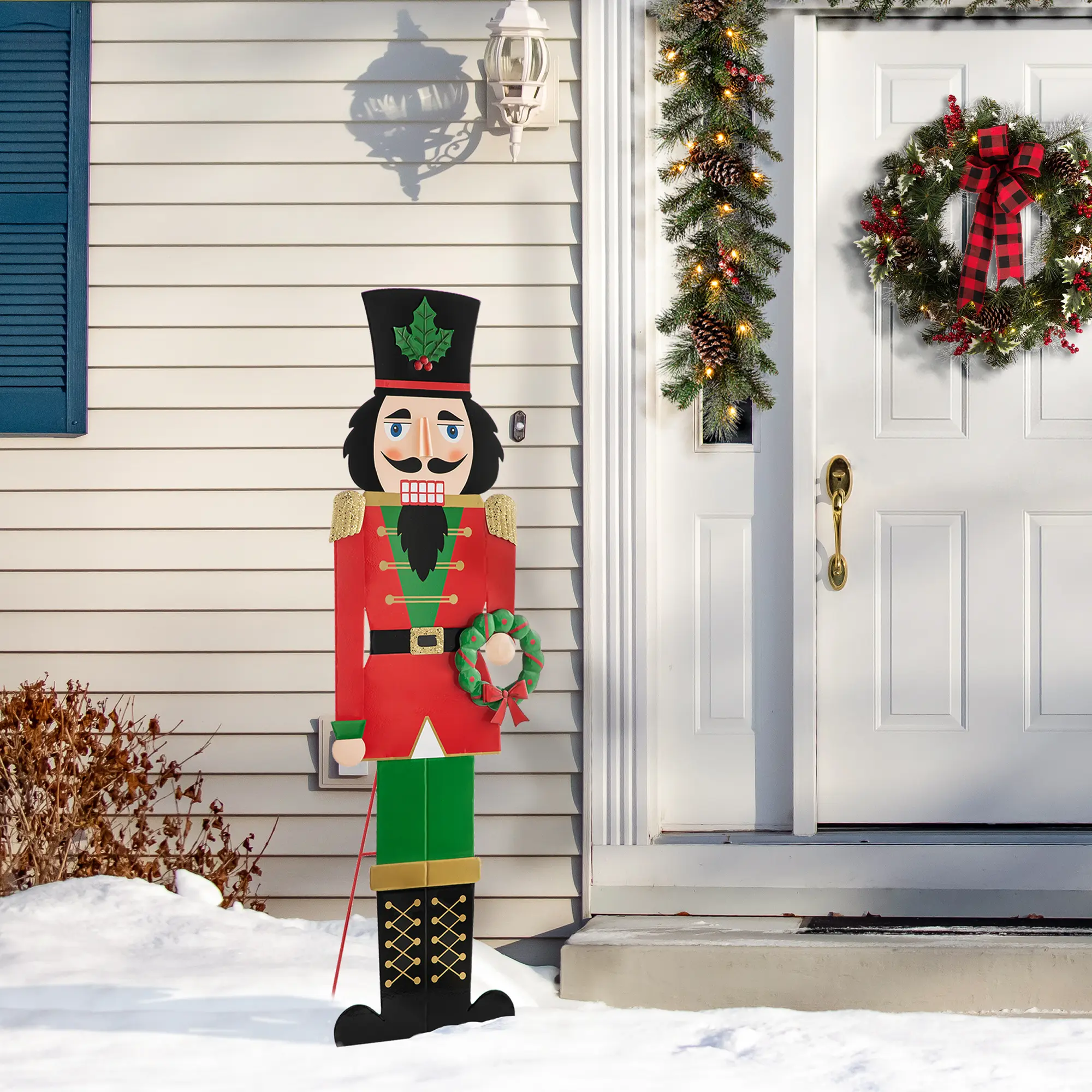 Glitzhome 60" High 100% Iron Metal Nutcracker Christmas Decor - Easy KD Install, 20"l x1.5"w x60"h Floor Mount with Iron Base, Wreath, Ornaments, Tassels, Glitter, Sequined Belt for Porch, Indoors, Room Decor