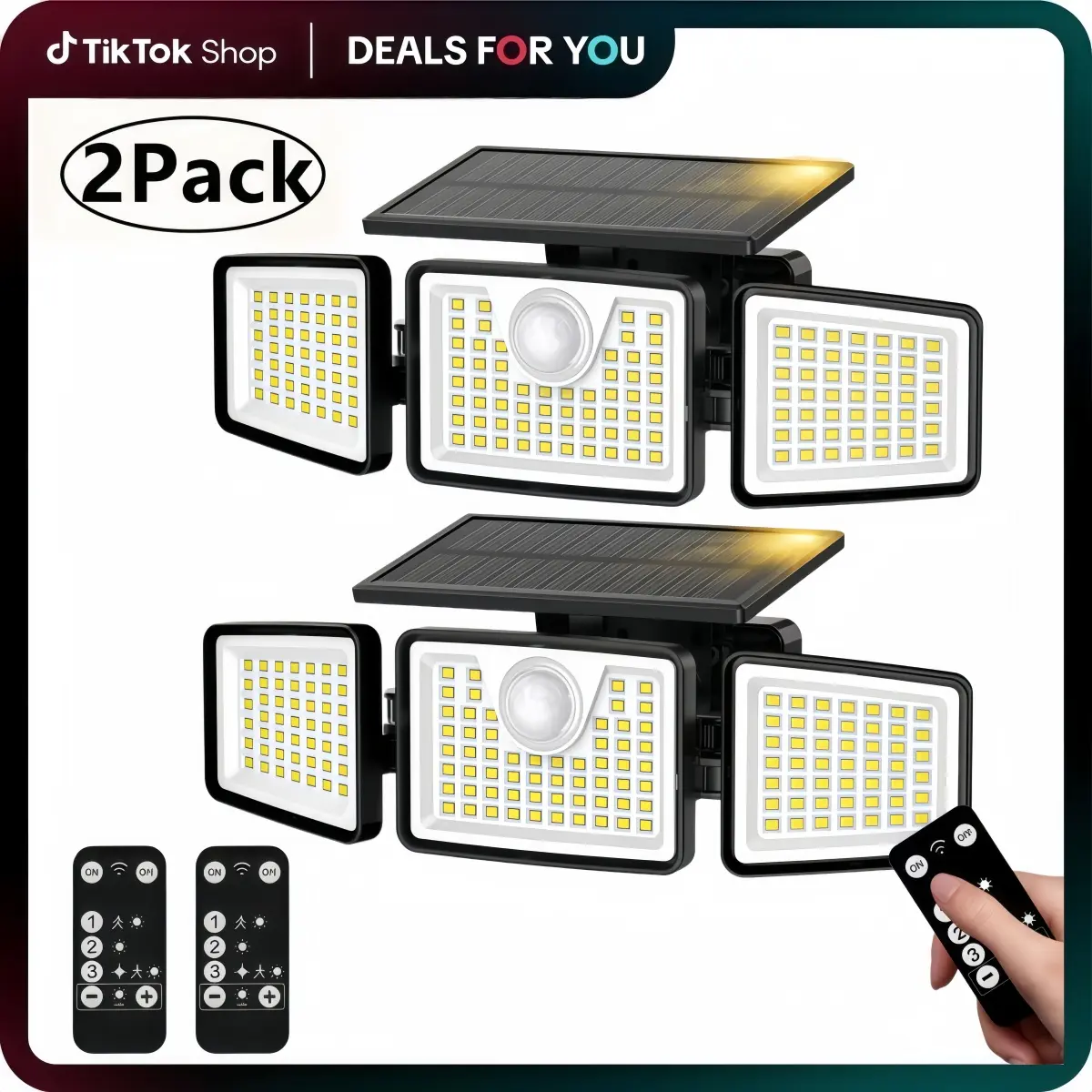 2 Packs Solar Outdoor Security Lights, 2500LM 3-Head Dimmable Spotlights with 3 Modes, IP65 Waterproof Adjustable Flood Lamp with 3head Wide Coverage, for Home Outdoor Use (US Compatible)