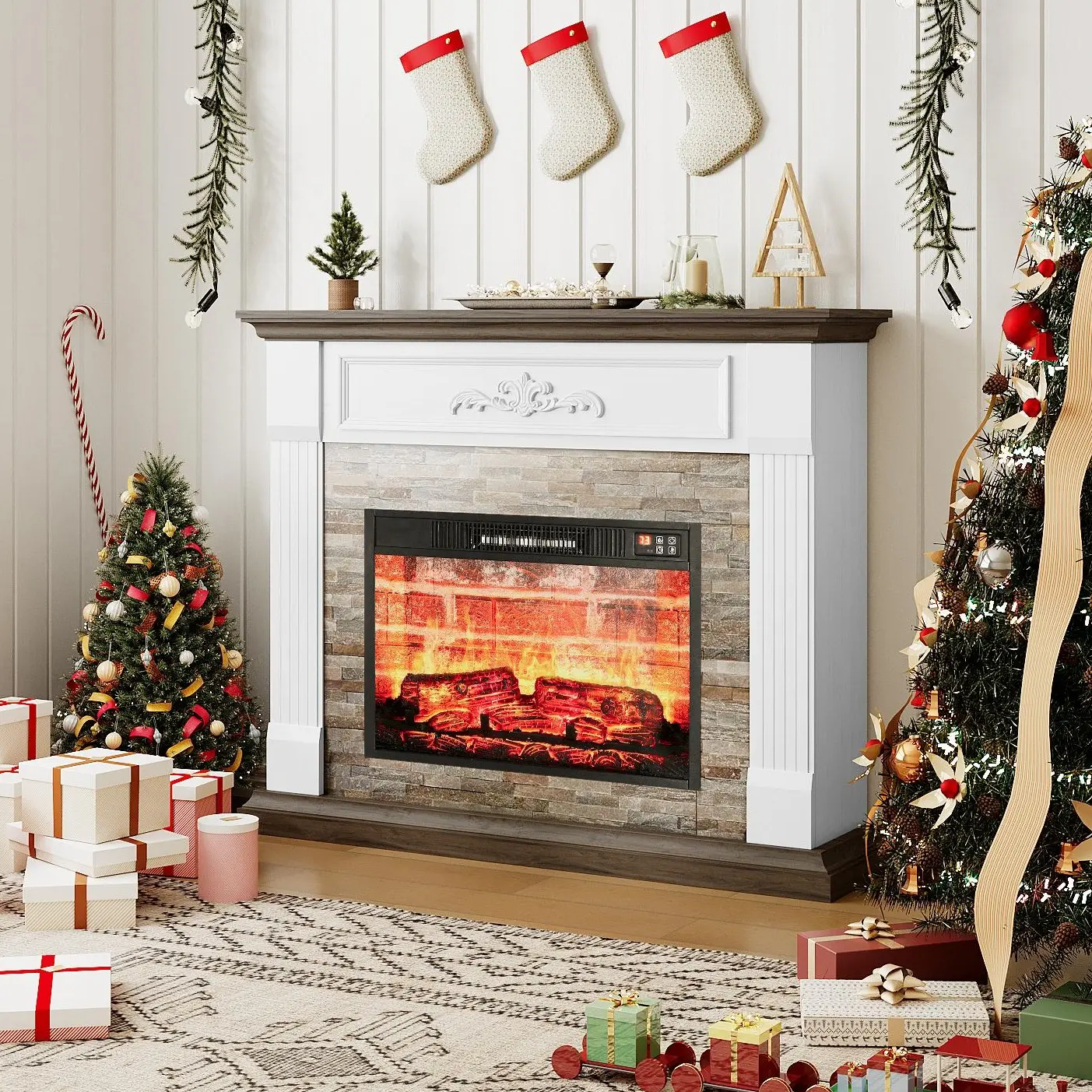 LGHM 44'' Electric Fireplace TV Stand With Fireplace Mantle, 3D Realistic Flame Effect, 1400-Watt Heater, Farmhouse-style Carved Design, Suitable for living room.Bedroom,home decor