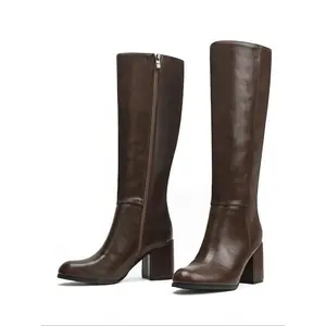 Women's Fashionable Solid Color Square Toe Boots, Trendy Zipper Design High Heel Boots, Stylish Mid-calf Boots for Daily Wear Knee Boots