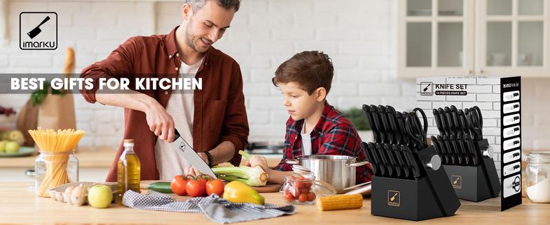 imarku black 14 PCS Knife Set with Block, Sharp Knife Set with Built-in Sharpener, Japanese Stainless Steel Kitchen Knife Set with Non-Slip Ergonomic Handle, Dishwasher Safe,  Best Gift